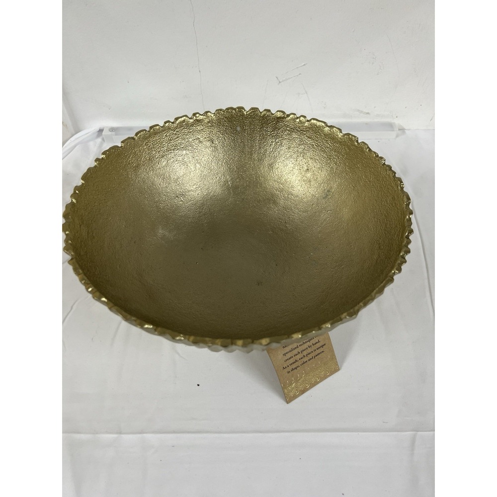 Handcrafted Gold Decorative Bowl Scalloped Ribbed Texture Centerpiece India NEW